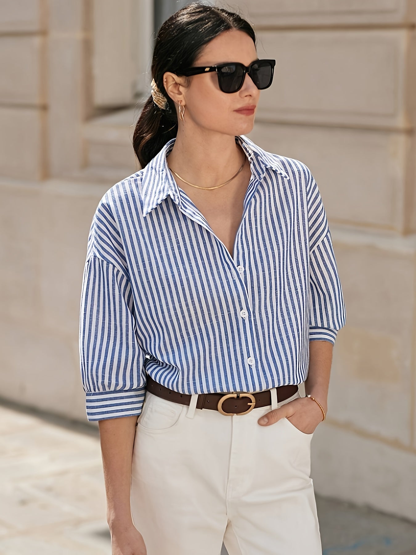 Clara - Stylish Blue and White Striped Women's T-shirt