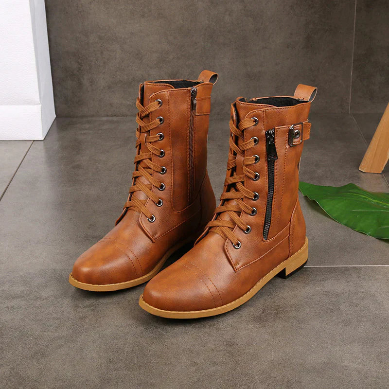 Evie - Trendy Chunky Boots with Stylish Cross Strap and Zipper Detail