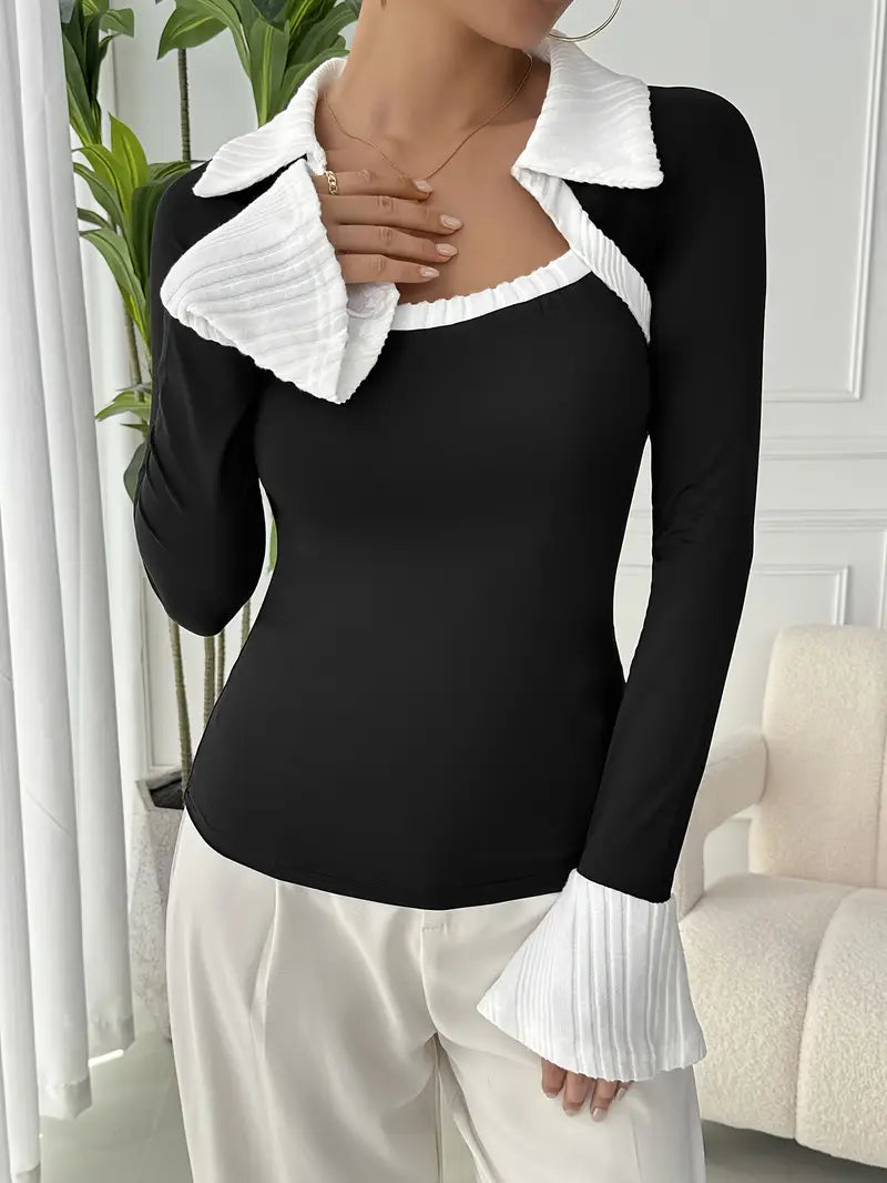 Natalie - Stylish Autumn Chic Black Top with Contrasting Collar for Women