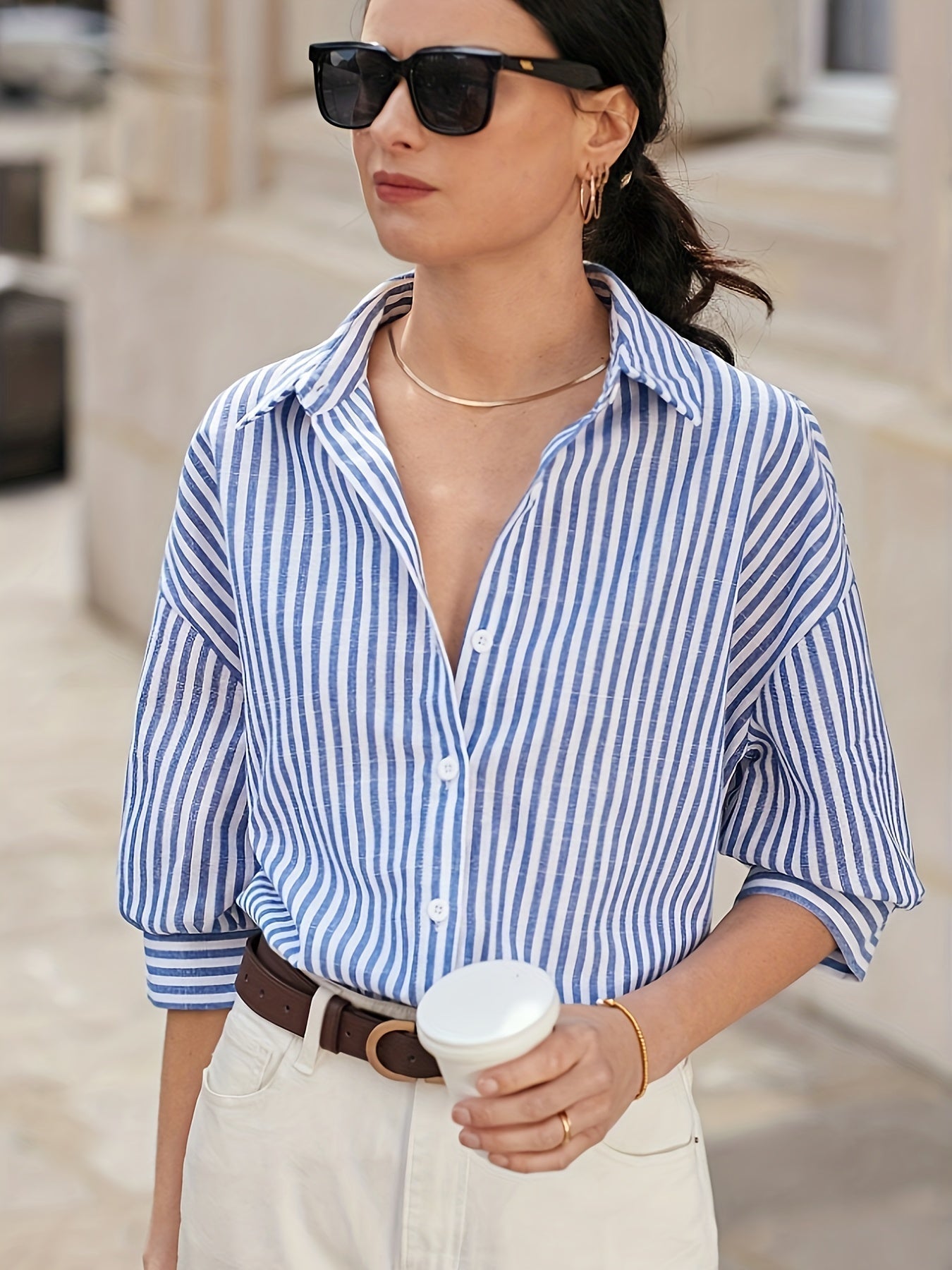 Clara - Stylish Blue and White Striped Women's T-shirt