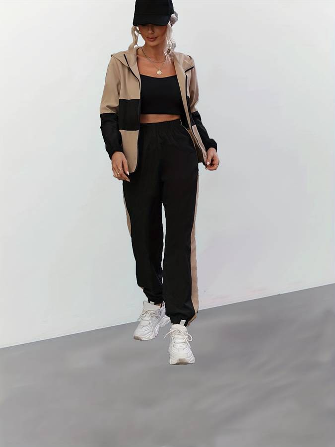 Sandra - Stylish Black Zip Up Two-piece Set for Women