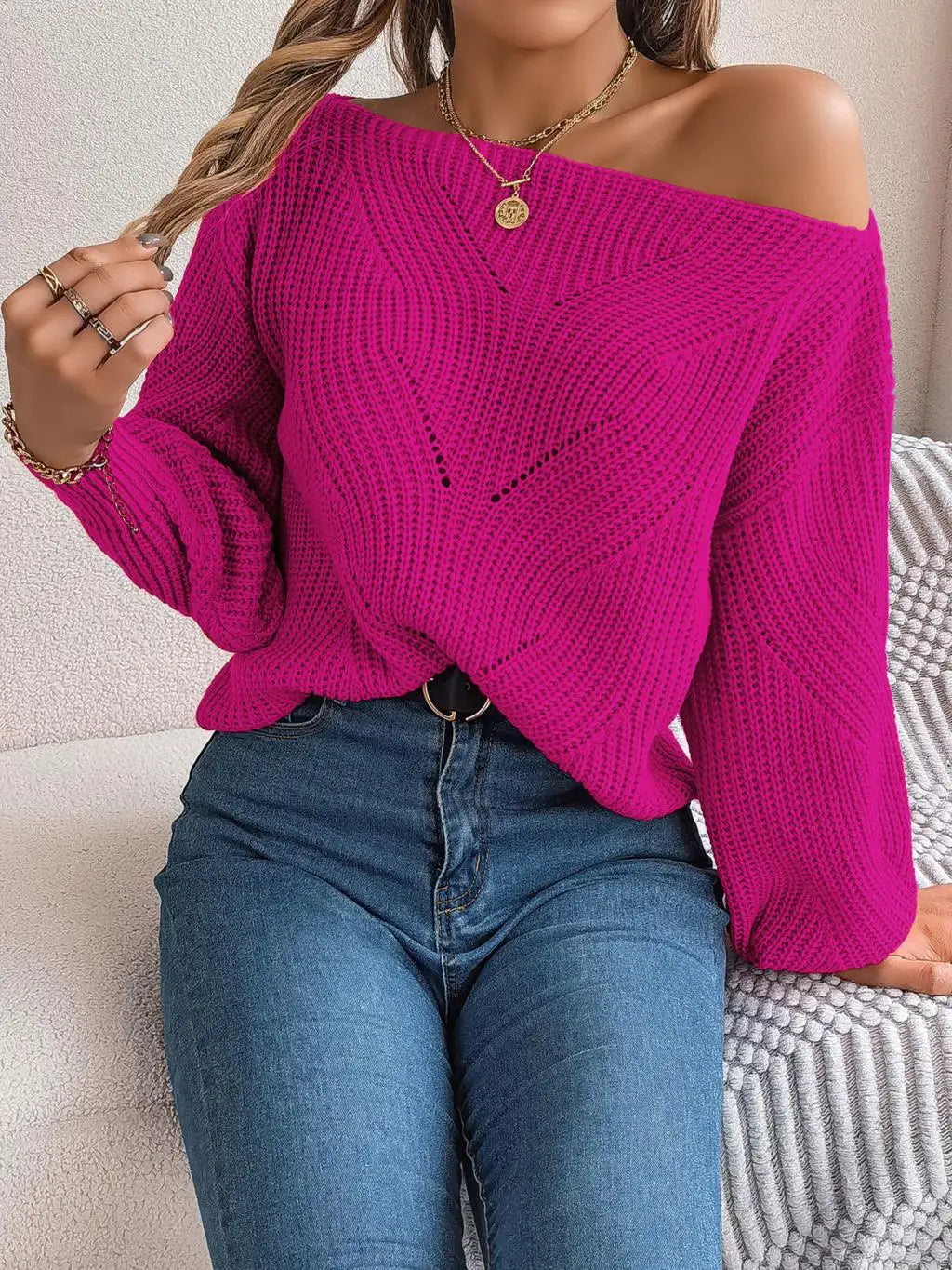 Jackie - Trendy off-shoulder knitted jumper for a stylish look