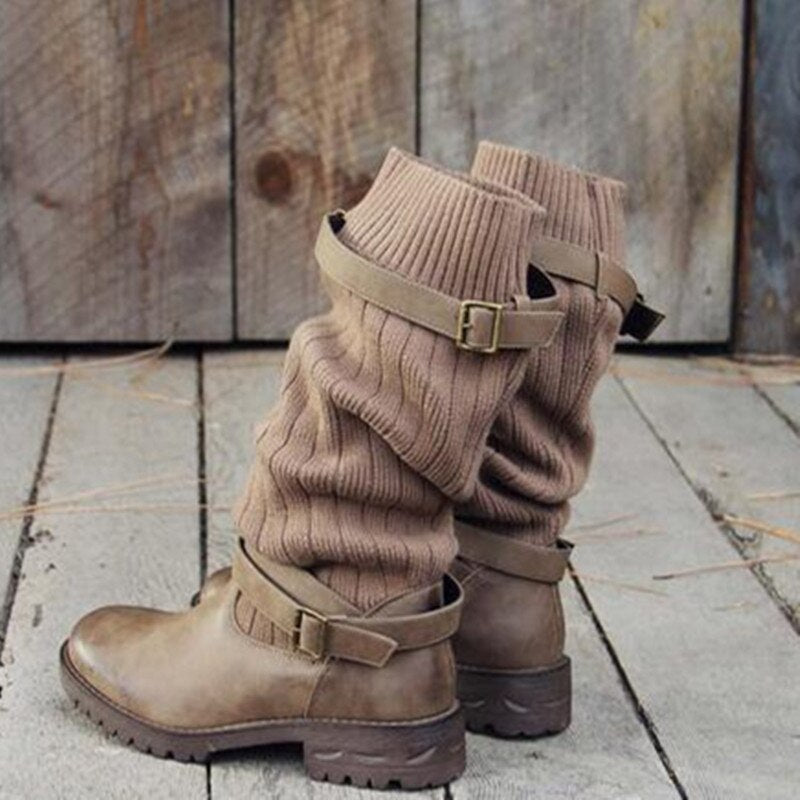 Kelly - Warm knitted wool leather boots for women