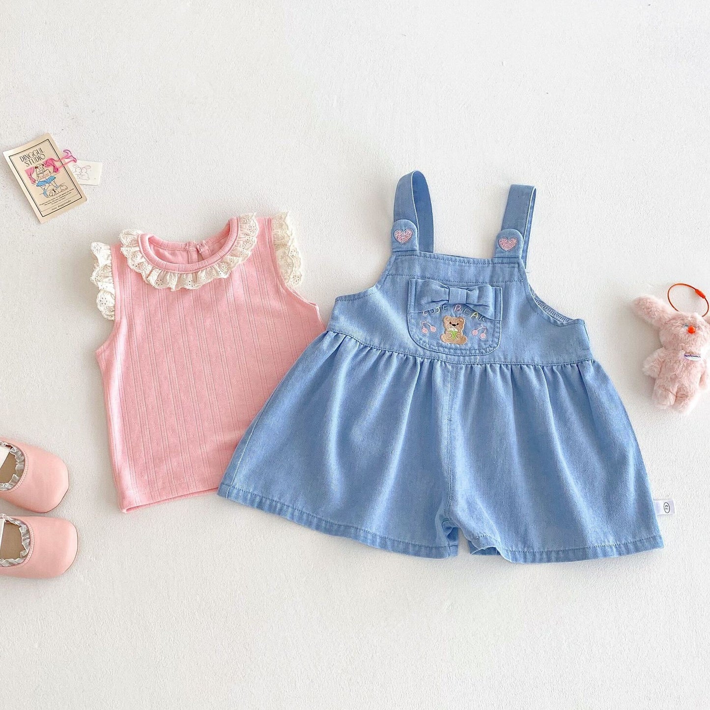 Lace tshirt and bear dungaree set