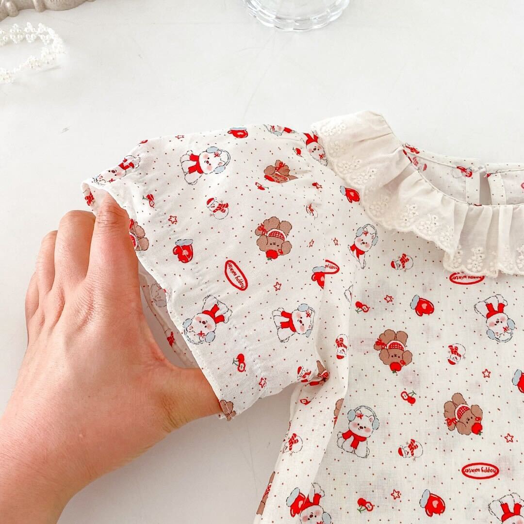 Cherry embroidered denim romper with lace collar premium tshirt