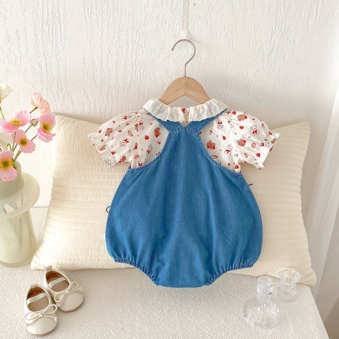 Cherry embroidered denim romper with lace collar premium tshirt