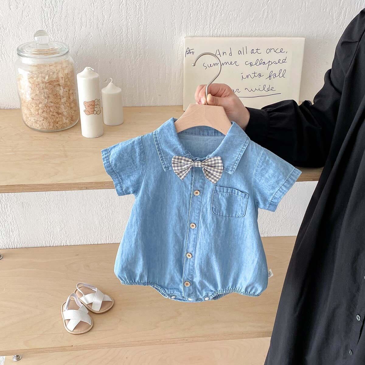 Bow made denim romper