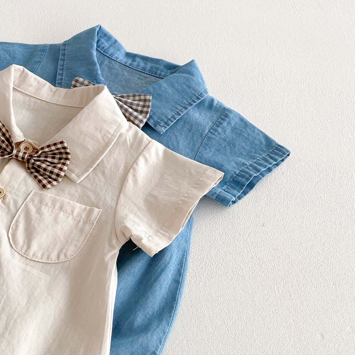 Bow made denim romper