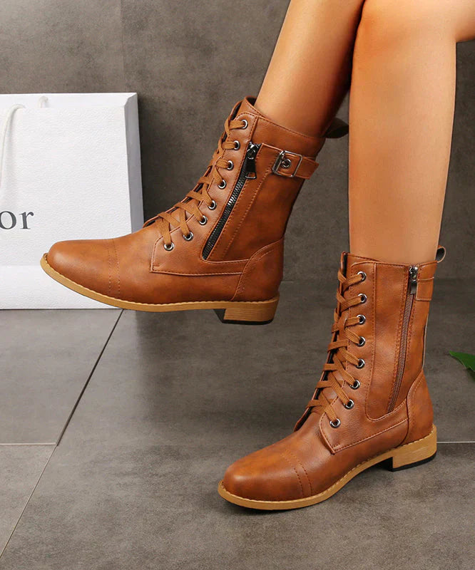 Evie - Trendy Chunky Boots with Stylish Cross Strap and Zipper Detail
