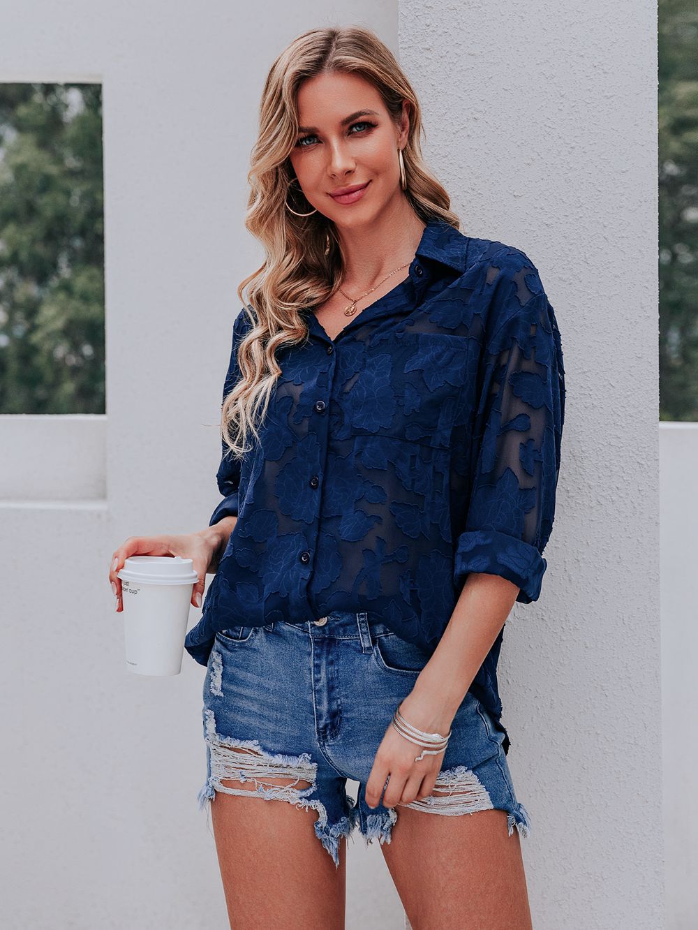 Madelyn - Elegant and Comfortable Dark Blue Pattern Blouse for Women