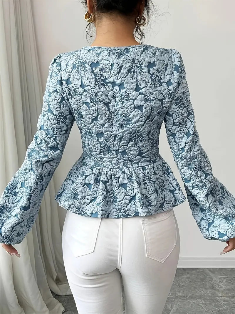 Hazel - Elegant Blue Floral Jacquard Top for a Chic Autumn Look for Women