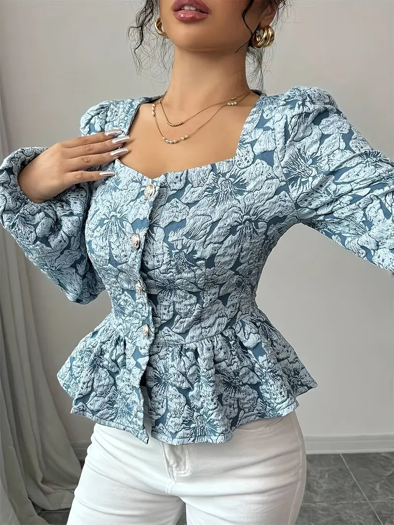 Hazel - Elegant Blue Floral Jacquard Top for a Chic Autumn Look for Women