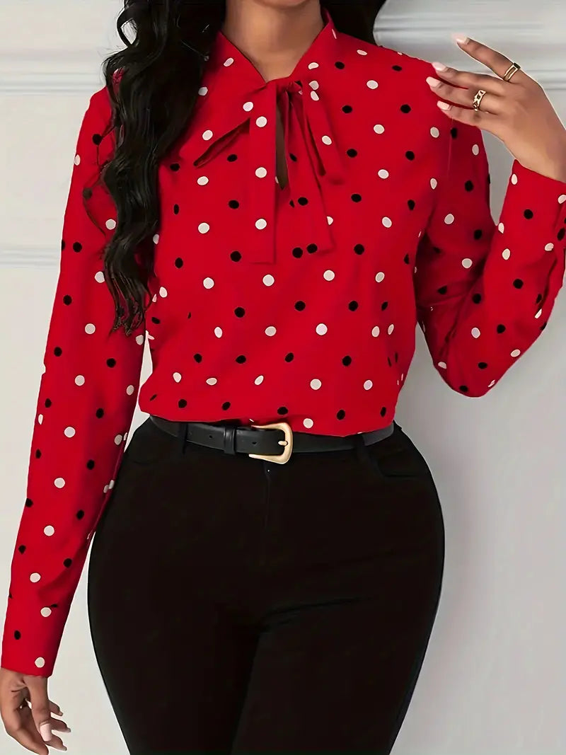 Meredith - Elegant Classic Polka Dot Blouse with Bow at the Collar for a Stylish Autumn for Ladies