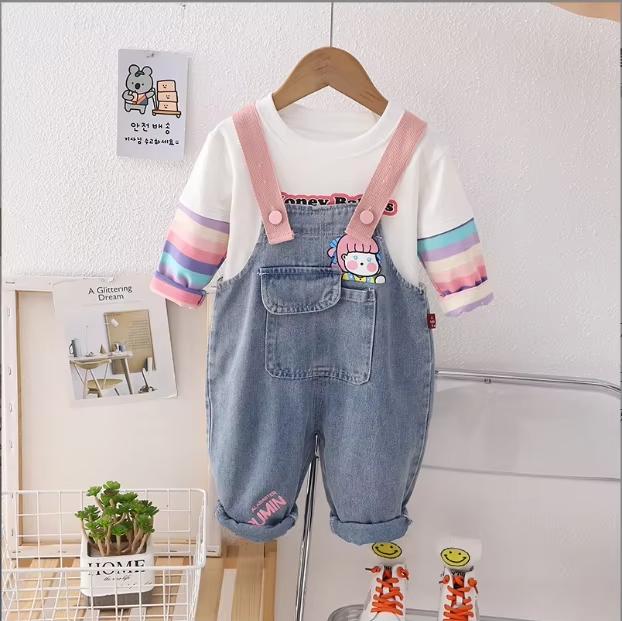Girls' Stylish Casual Two-Piece Denim Suit Long-Sleeved