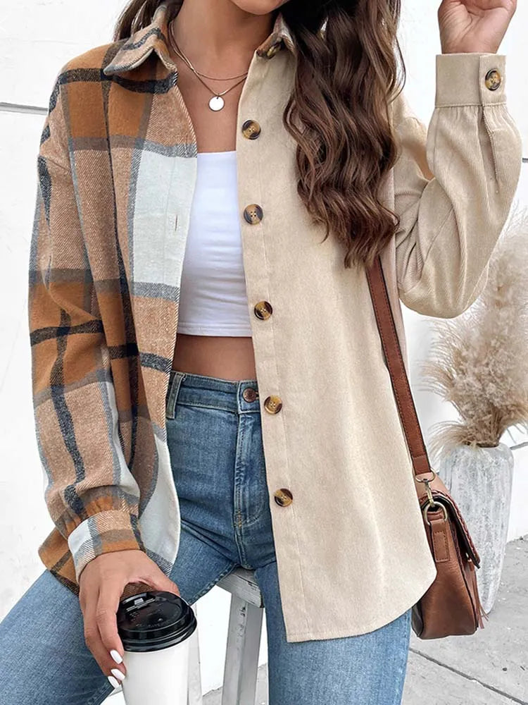 Marleen - Elegant and Comfortable Beige Blouse with Gorgeous Plaid Print for Women