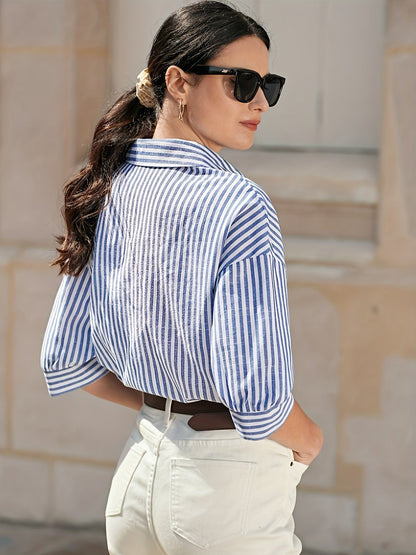 Clara - Stylish Blue and White Striped Women's T-shirt