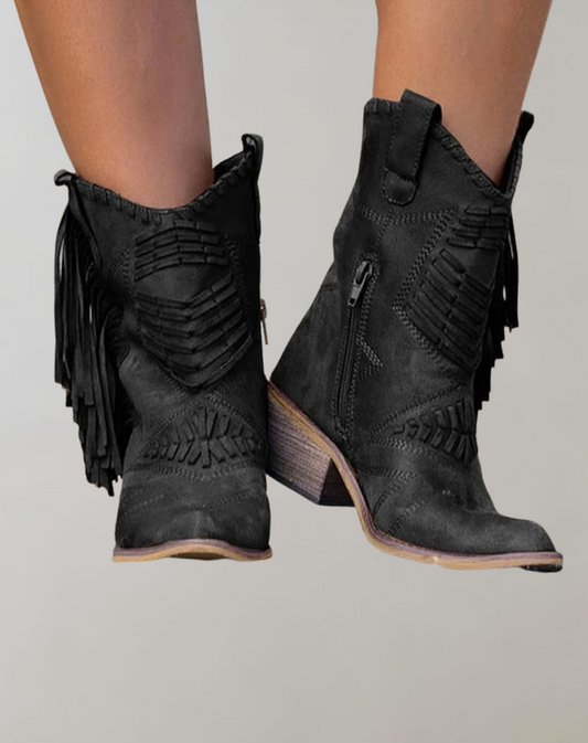 Selene - Retro Suede Zipper Boots with Playful Fringes