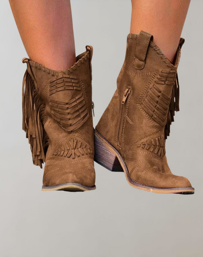 Selene - Retro Suede Zipper Boots with Playful Fringes