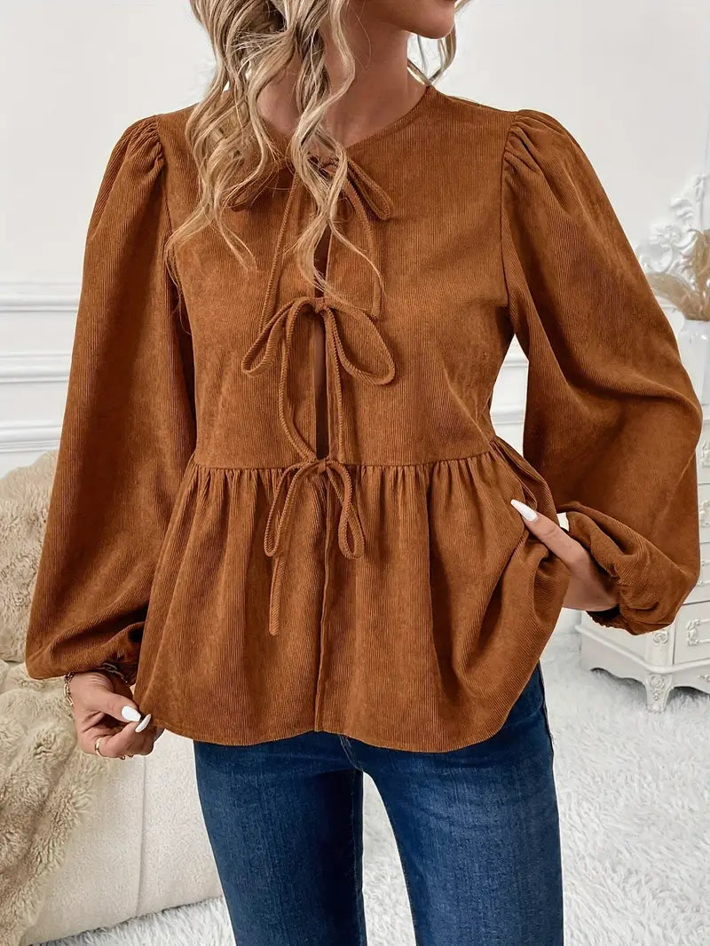 Gianna - Elegant Autumn Blouse in Chic Brown with Tunnel Cord and Puff Sleeves for a Timeless Look