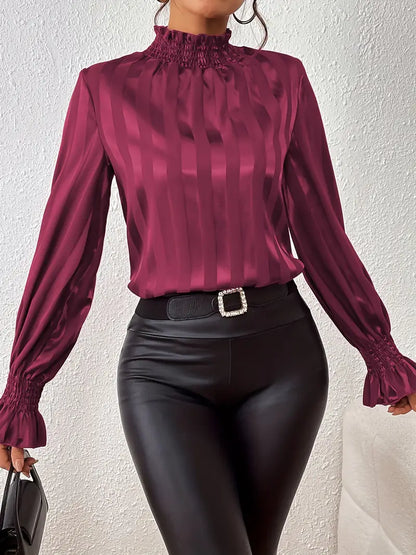 Camila - Elegant Autumn Chic Blouse with Raffled Details and Round Neckline for Women