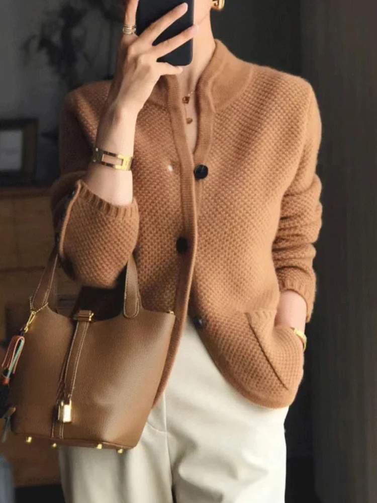 Jasmine - Stylish Knitted Cardigan with Chic High Collar