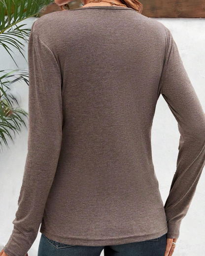 Valentina - Elegant Autumn Blouse in Deep Brown with V-Neck and Long Sleeves for Women