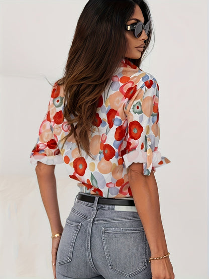 Ira - Elegant Red Floral Blouse for Spring for Women