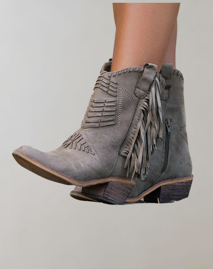 Selene - Retro Suede Zipper Boots with Playful Fringes