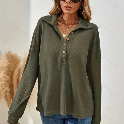 Lilian - Elegant Autumn Green Ribbed Blouse with Buttons for Women