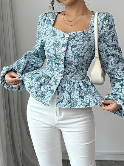Hazel - Elegant Blue Floral Jacquard Top for a Chic Autumn Look for Women