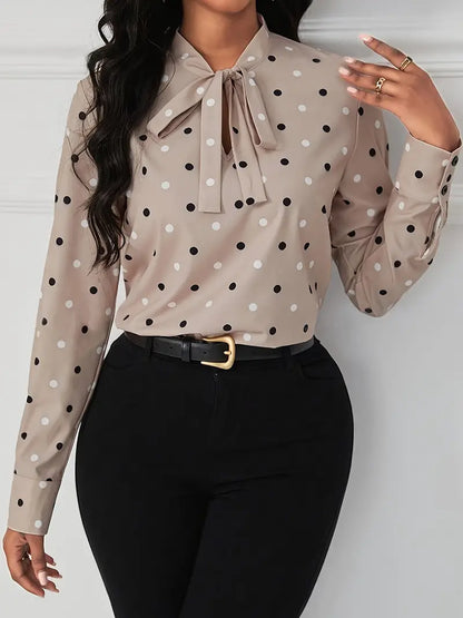 Meredith - Elegant Classic Polka Dot Blouse with Bow at the Collar for a Stylish Autumn for Ladies