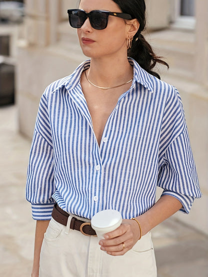 Clara - Stylish Blue and White Striped Women's T-shirt