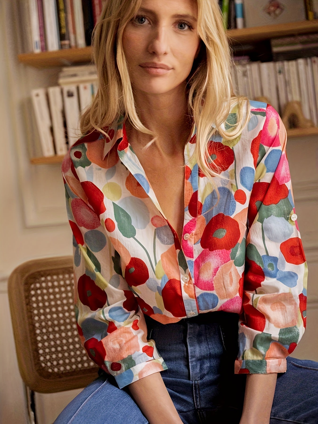 Ira - Elegant Red Floral Blouse for Spring for Women