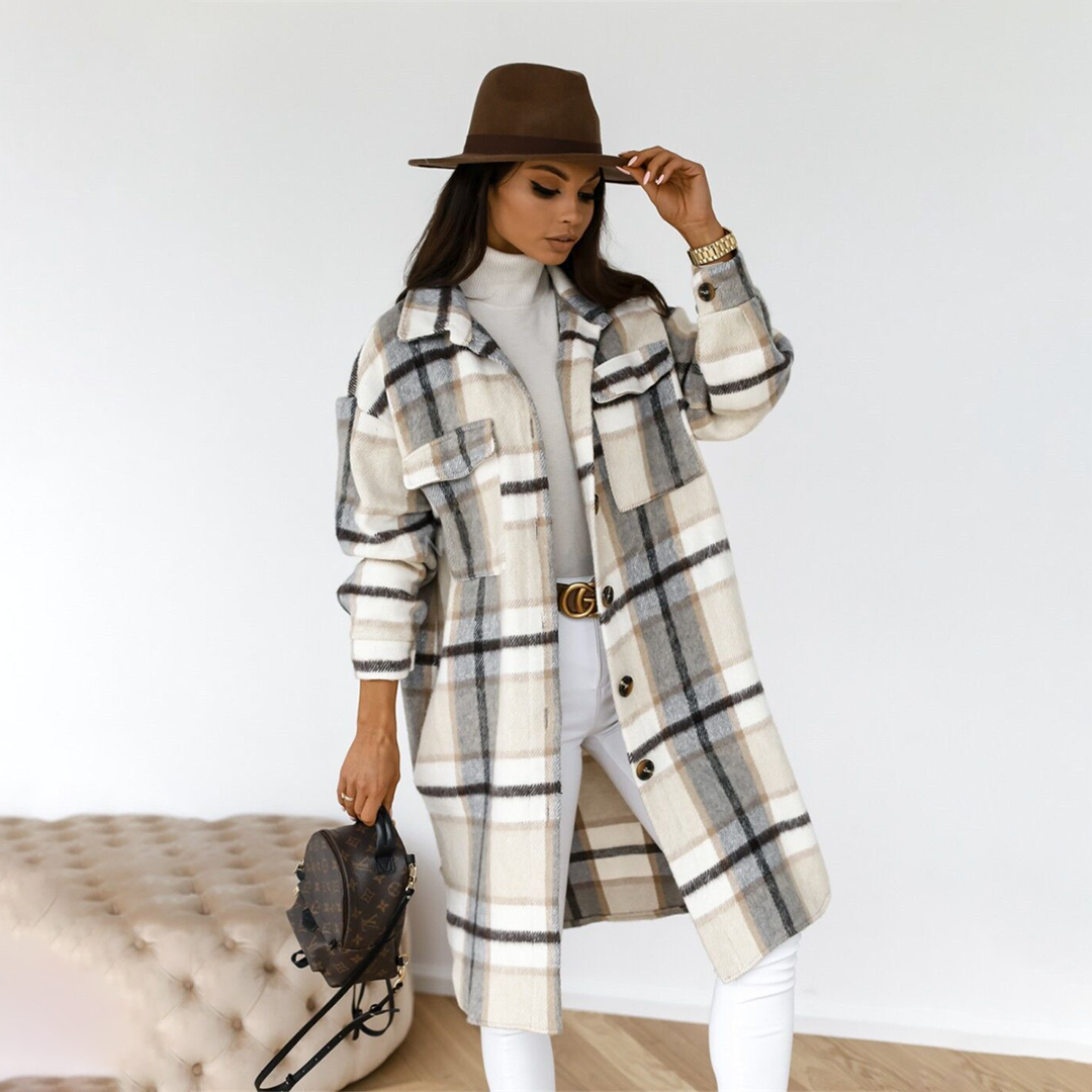 Stylish Checkered Long Jacket for Women - AOIFE