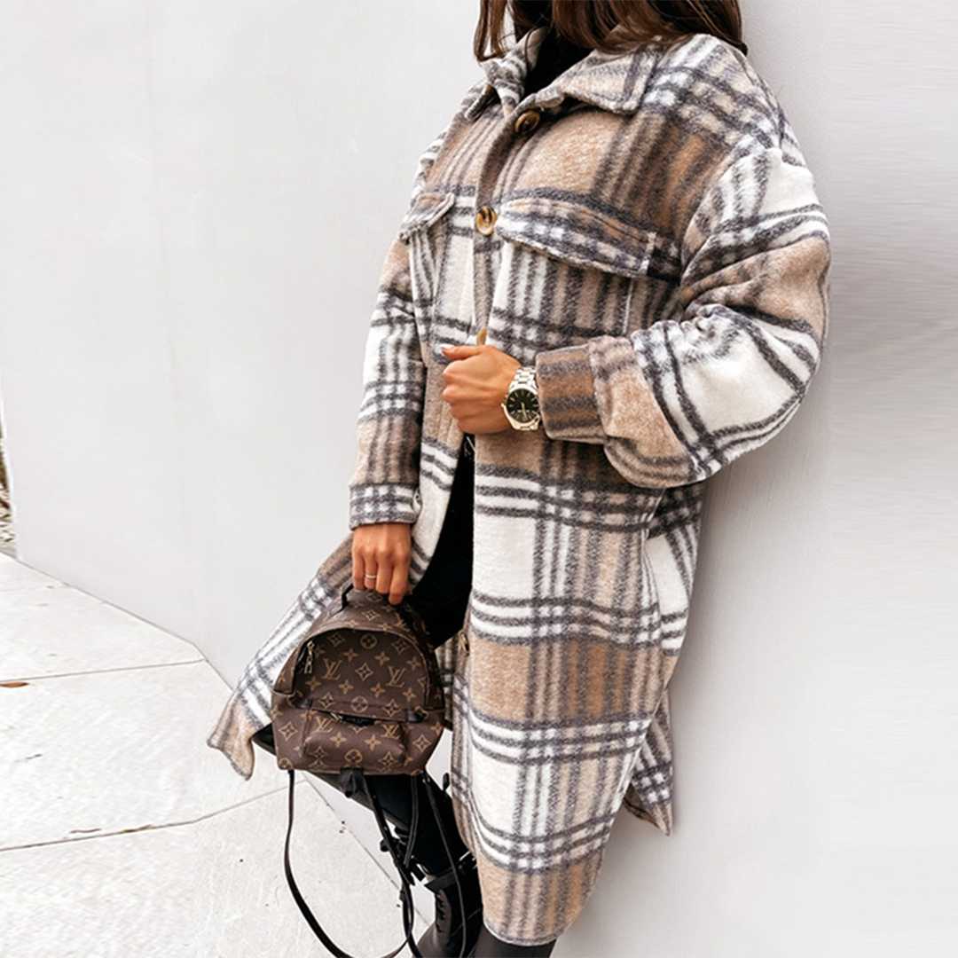 Stylish Checkered Long Jacket for Women - AOIFE