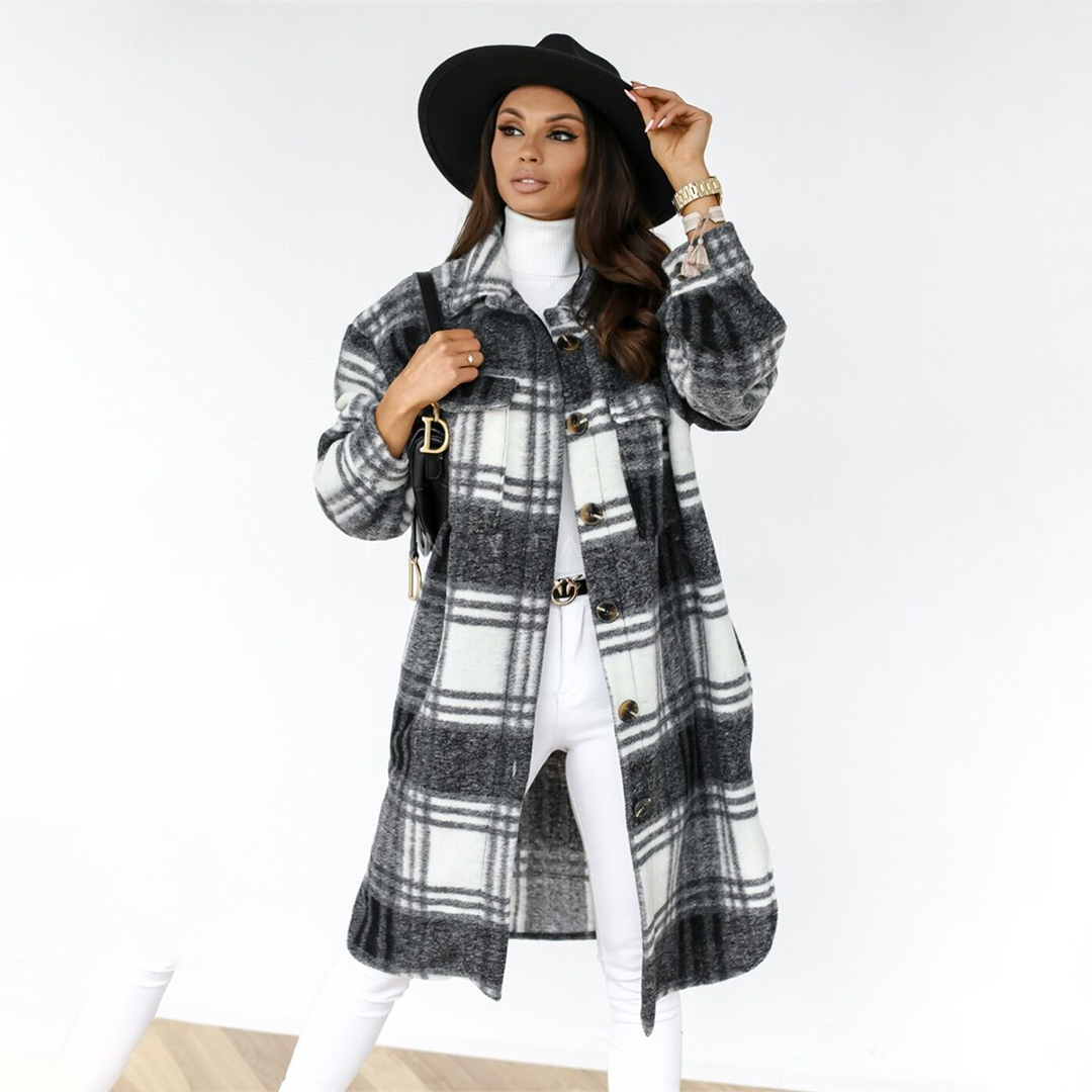 Stylish Checkered Long Jacket for Women - AOIFE