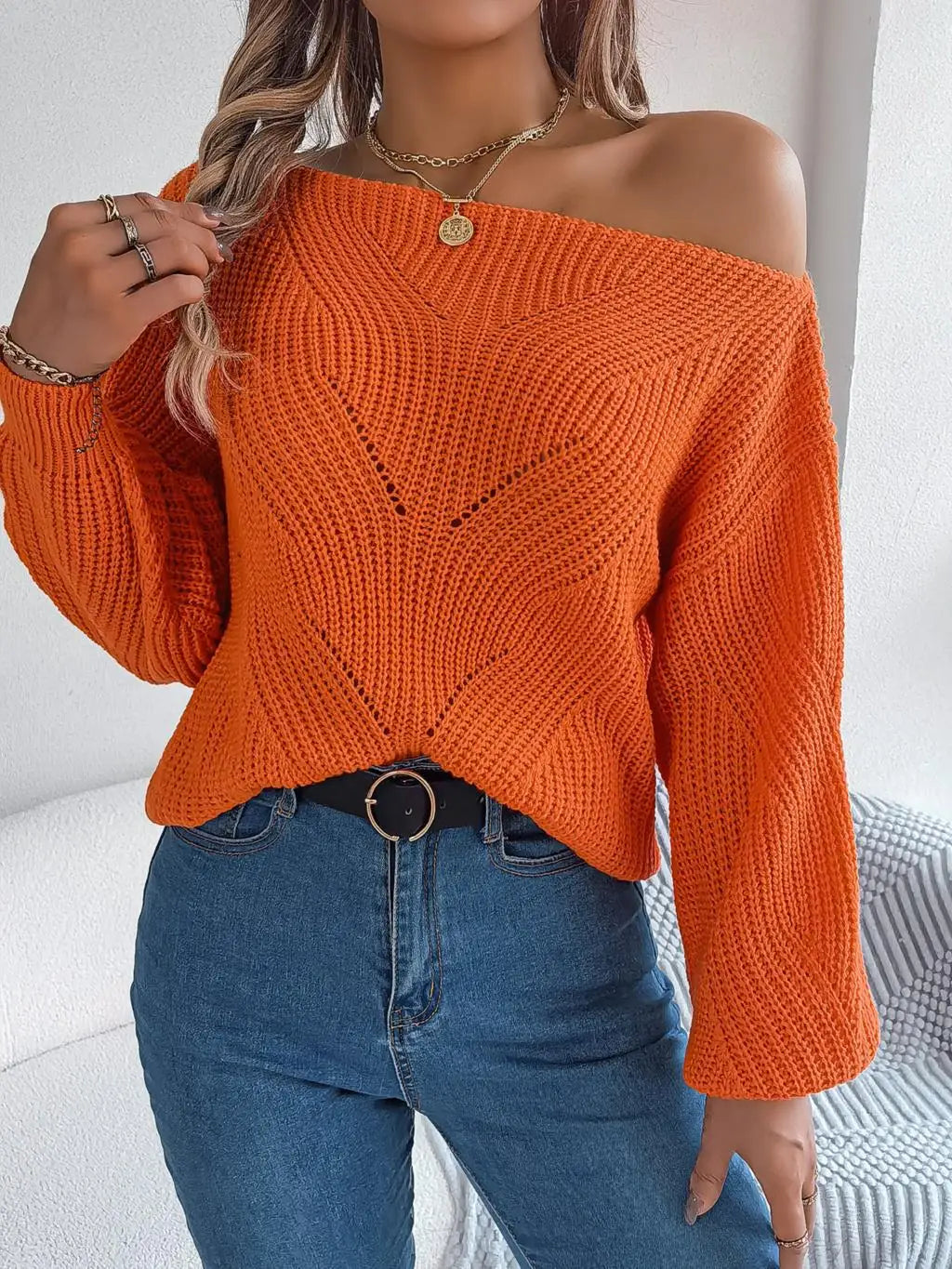 Jackie - Trendy off-shoulder knitted jumper for a stylish look