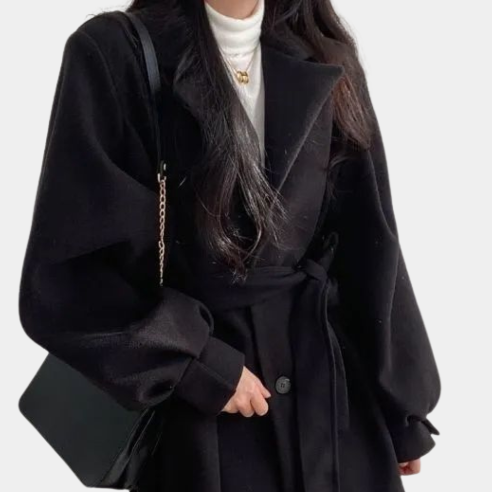 Chic women's coat with trendy puff sleeves and stylish belt