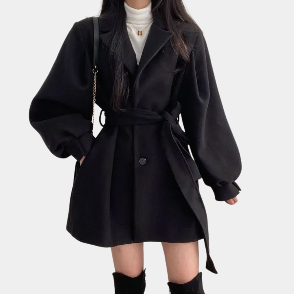 Chic women's coat with trendy puff sleeves and stylish belt