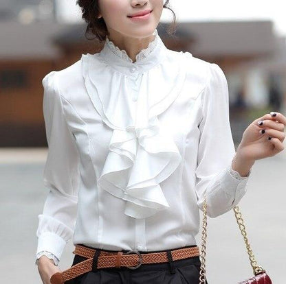 Julie - Stylish Spring White Blouse with Elegant Ruffle Collar and Long Sleeves for Women