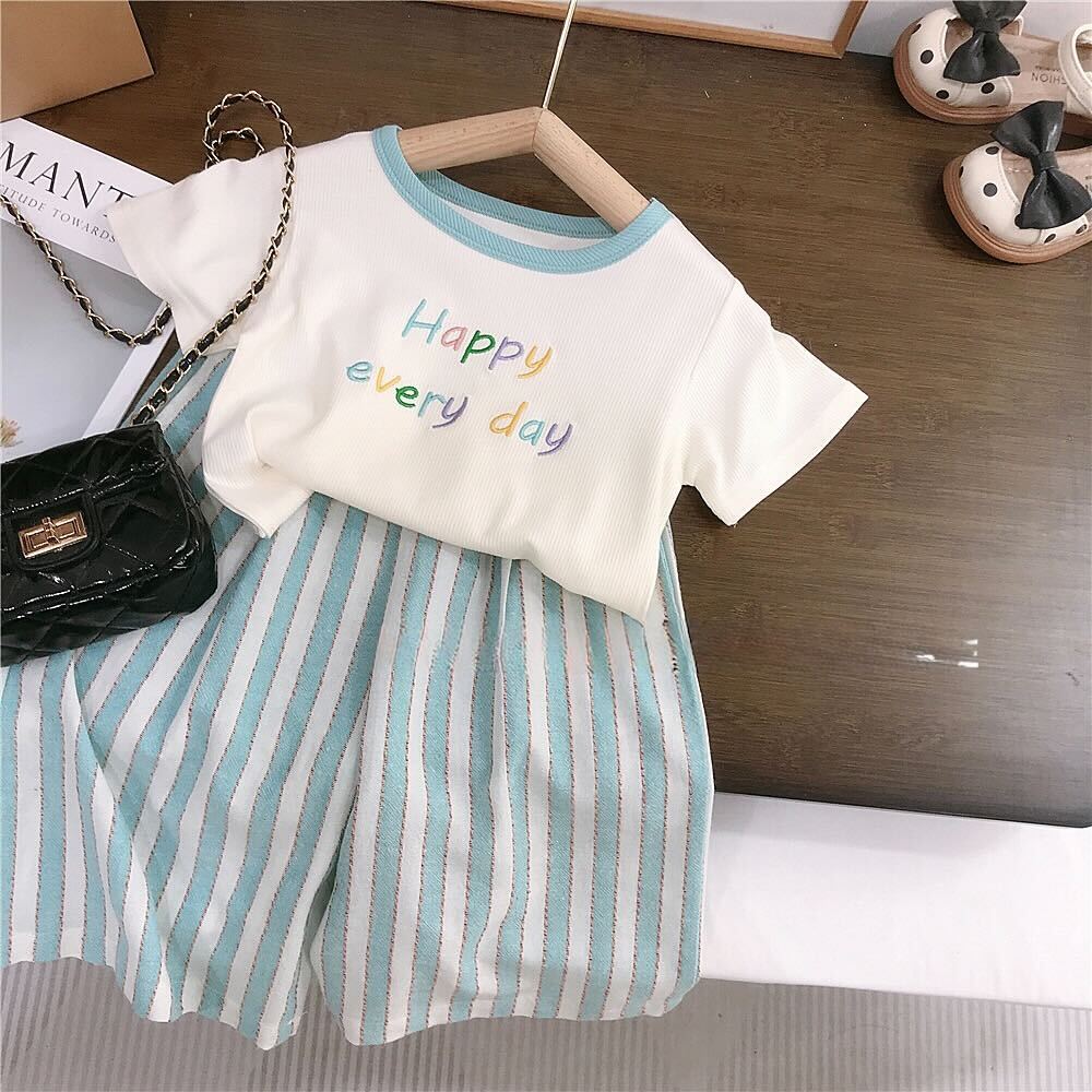Embroidered tshirt and striped pants set