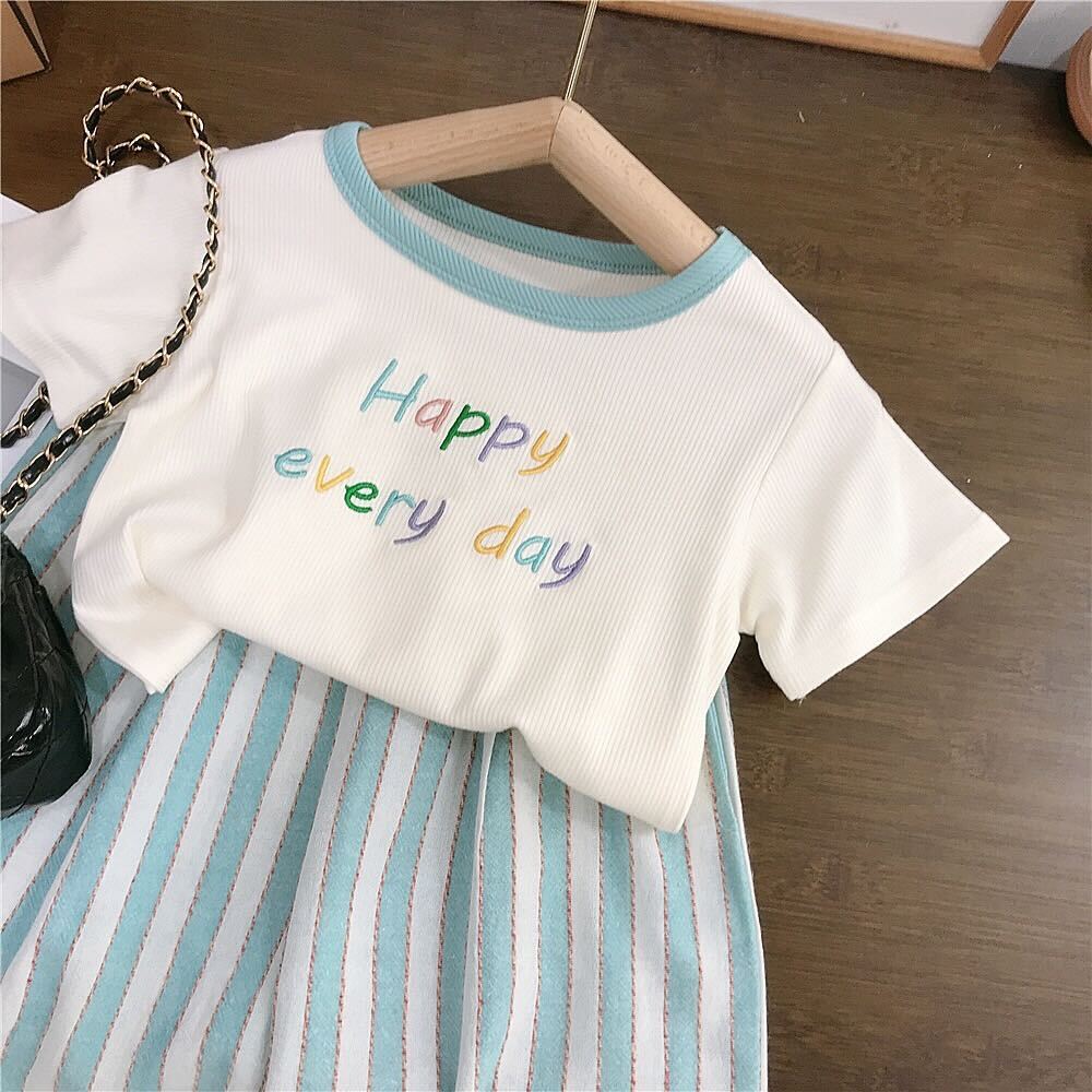 Embroidered tshirt and striped pants set