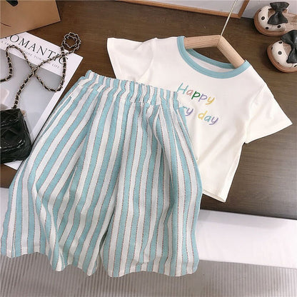 Embroidered tshirt and striped pants set