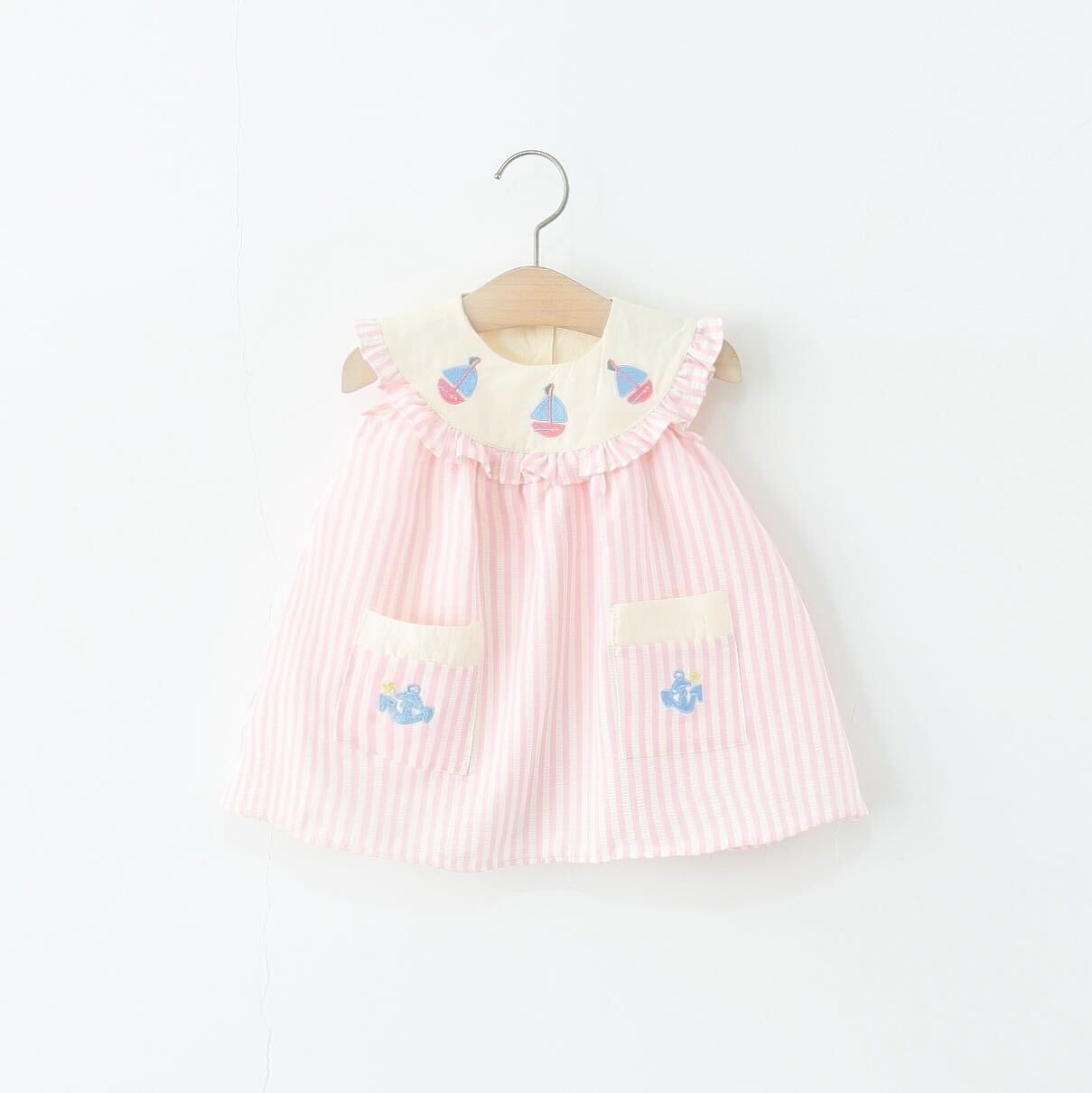 Striped double pocket boat collar dress