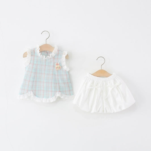 Checks ruffle lace top and shorts set