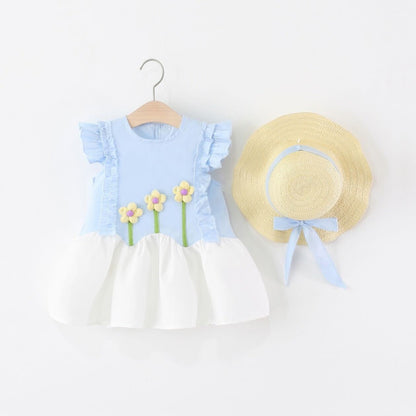 Ruffle three flower dress with hat