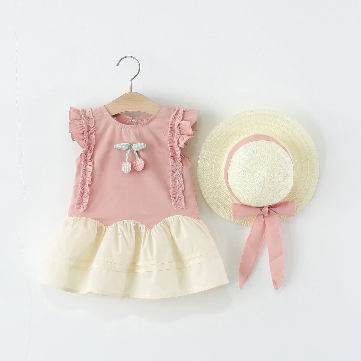 Ruffle cherry two tone dress with hat