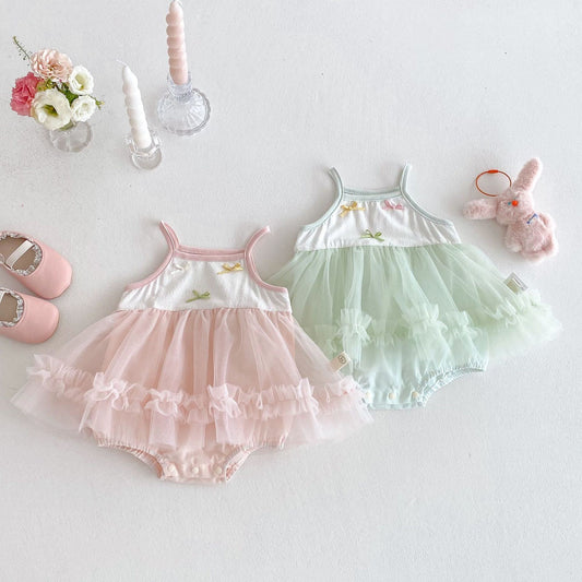 Bow knot ruffle net premium romper