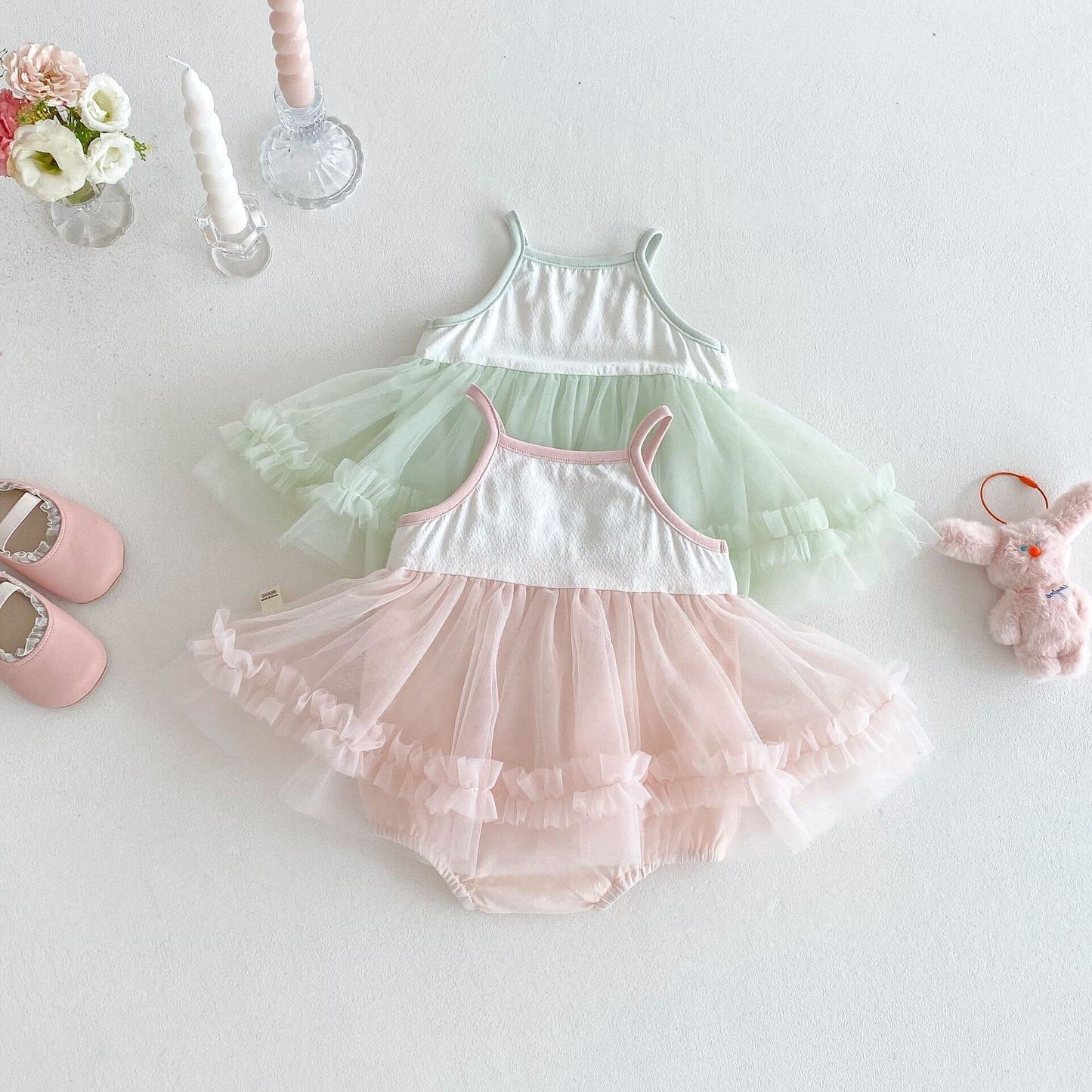 Bow knot ruffle net premium romper