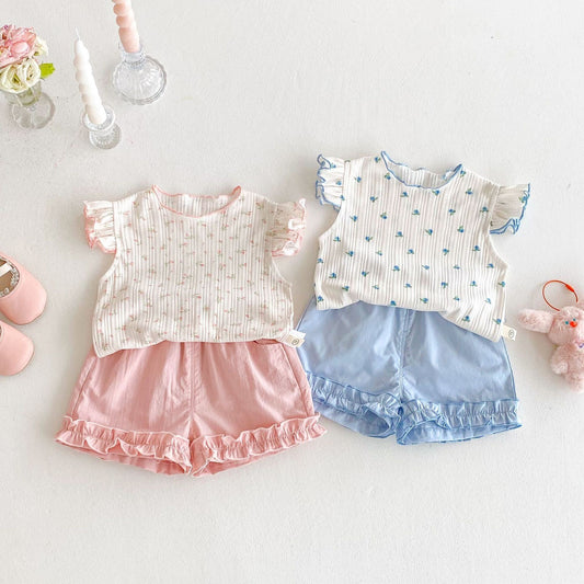 Floral ribbed ruffle top and shorts premium set